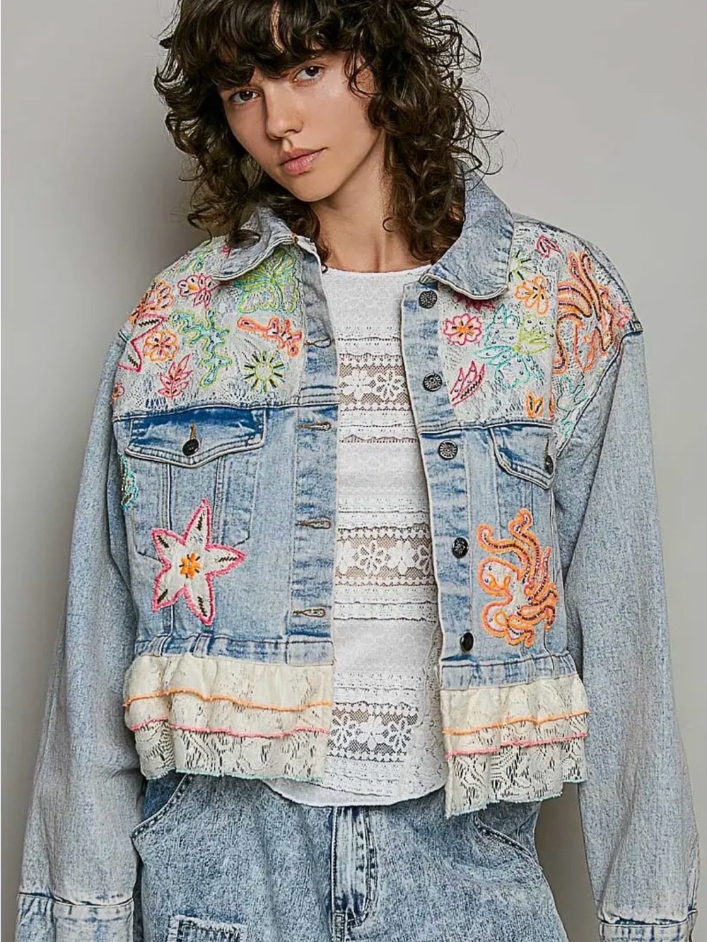 POL denim beaded sequin boho western lace patchwork floral jean jacket coat - Picture 2 of 5